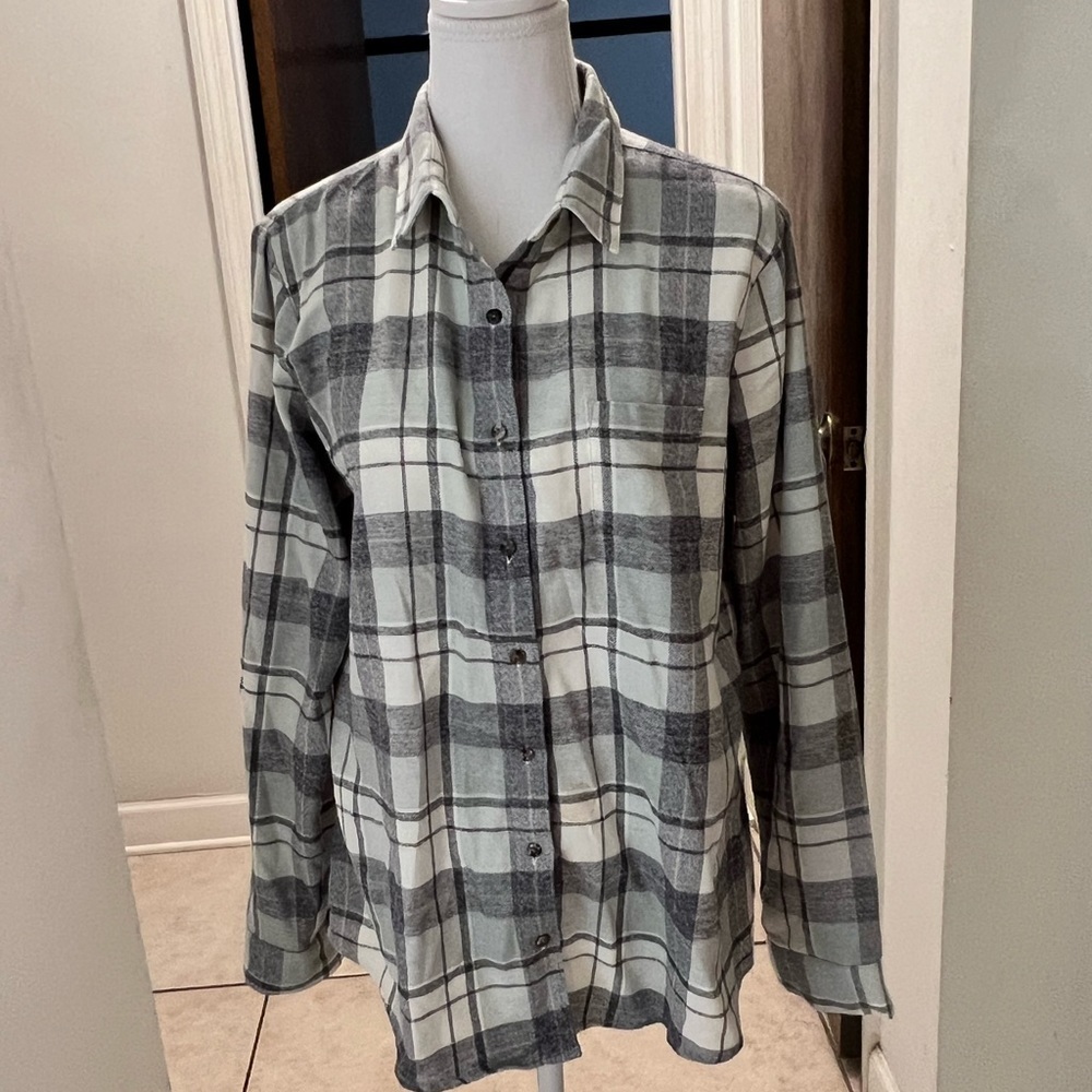 Kuhl Kamila gray plaid flannel button down shirt  size lg